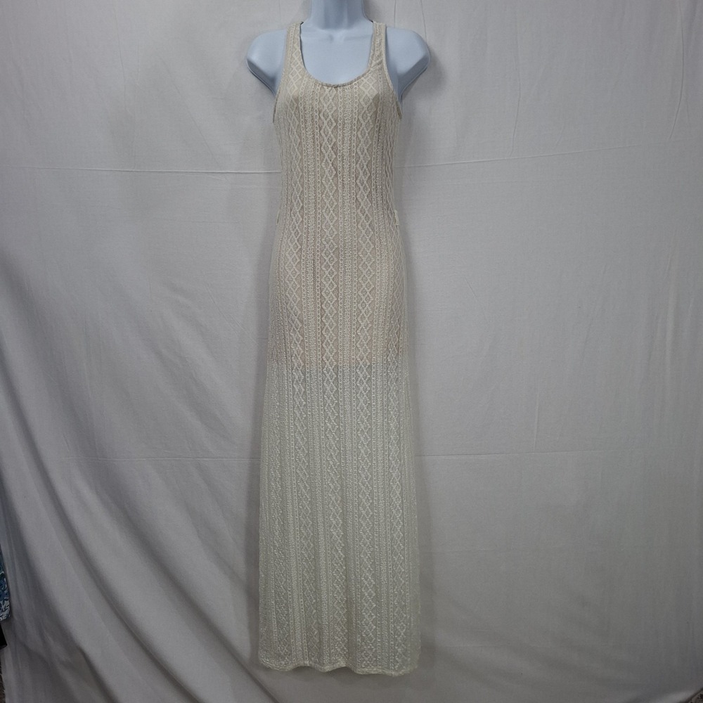 Charming Charlie Cream Lace Knit Sheer Maxi Dress Womens Small Ivory Y2K Beachy
